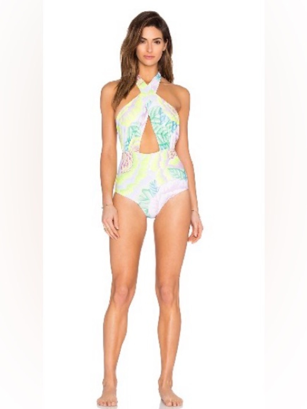 Mara Hoffman reversible cross front Halter One-Piece Swimsuit in Flora White.